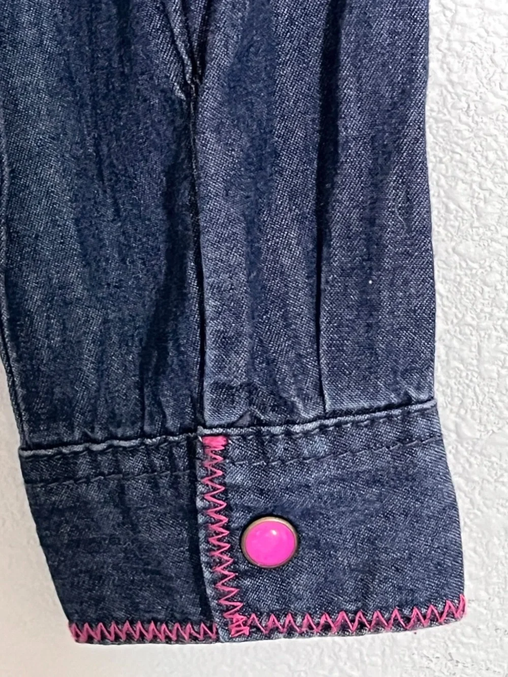 Roper Girls Dark Denim Pearl Snap Western Shirt Pink Stitching Size L 10-12 EPOC